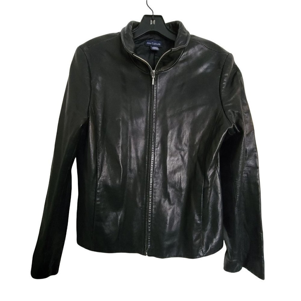 Ann Taylor Black 100% Genuine Leather Sporty Full Zip Biker Jacket Size Medium